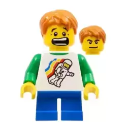 Classic Space Minifigure Floating Pattern, Blue Short Legs, Dark Orange Short Tousled Hair