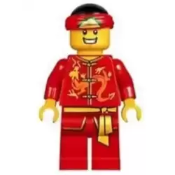 Dragon Dance Performer, Tied Red Bandana, Open Mouth Smile with Teeth