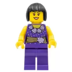 Female Dark Purple Blouse with Gold Sash and Flowers, Dark Purple Legs, Dark Brown Bob Cut Hair