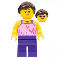 Girl, Bright Pink Top with Butterflies and Flowers, Dark Purple Legs, Dark Brown Ponytail and Swept Sideways Fringe