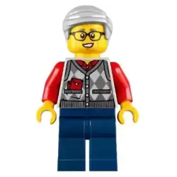 Grandfather, Argyle Cardigan over Red Shirt, Dark Blue Legs, Light Bluish Gray Hair