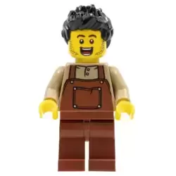 Man, Black Spiky Hair, Dark Tan Shirt, Reddish Brown Overalls and Legs
