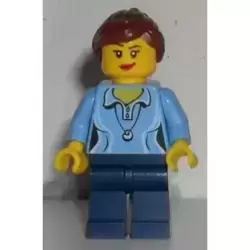 Medium Blue Female Shirt with Two Buttons and Shell Pendant, Dark Blue Legs, Reddish Brown Ponytail and Swept Sideways Fringe