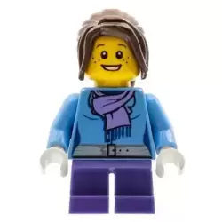 Medium Blue Jacket with Light Purple Scarf, Dark Purple Short Legs, Dark Brown Hair Ponytail Long with Side Bangs