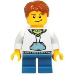 White Hoodie with Blue Pockets, Blue Short Legs, Dark Orange Hair, Crooked Smile with Black Dimple