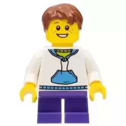 White Hoodie with Blue Pockets, Dark Purple Short Legs, Reddish Brown Hair