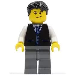 Black Vest with Blue Striped Tie, Dark Bluish Gray Legs, White Arms, Black Short Tousled Hair