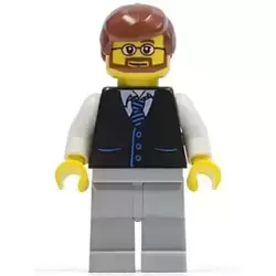Black Vest with Blue Striped Tie, Light Bluish Gray Legs, White Arms, Reddish Brown Male Hair, Beard and Glasses