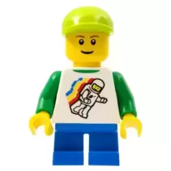Classic Space Minifigure Floating Pattern, Blue Short Legs, Lime Short Bill Cap, Reddish Brown Eyebrows