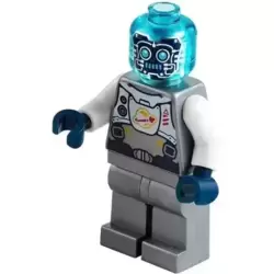 Cyber Drone Robot - Flat Silver Spacesuit with Harness and White Panel with Classic Space Logo, Trans-Light Blue Head