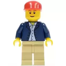 Dark Blue Jacket, Light Blue Shirt, Tan Legs, Red Long Bill Cap