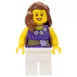 Female Dark Purple Blouse with Gold Sash and Flowers, White Legs