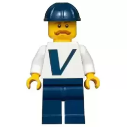 Male with Vestas Logo on Torso, Dark Blue Legs, Dark Blue Construction Helmet, Moustache