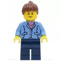 Medium Blue Jacket, Dark Blue Legs, Reddish Brown Ponytail Hair
