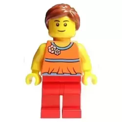 Orange Halter Top with Medium Blue Trim and Flowers Pattern, Red Legs, Reddish Brown Ponytail and Swept Sideways Fringe