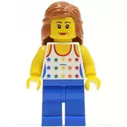 Shirt with Female Rainbow Stars Pattern, Blue Legs, Dark Orange Female Hair Mid-Length
