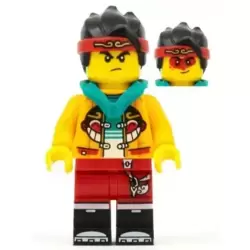 Monkie Kid - Bright Light Orange Open Jacket with Monkey Head Logo, Dark Turquoise Hood, Angry / Smile with Red Face Paint