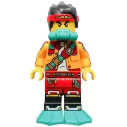 Monkie Kid - Bright Light Orange Open Jacket with Shoulder Strap, Dark Turquoise Scuba Breathing Regulator and Flippers, Frown