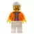 Hot Dog Vendor - Orange Jacket Hoodie over Medium Blue Sweater, White Legs, White Short Bill Cap, Beard