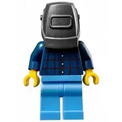 Mechanic - Male, Plaid Button Shirt, Medium Blue Legs, Pearl Dark Gray Welding Helmet, Frown and Sweat Drops
