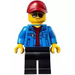 Race Official - Male, Blue Jacket over Dark Red V-Neck Sweater, Black Legs, Dark Red Cap with Hole, Sunglasses