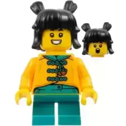 Child - Girl, Bright Light Orange Tang Jacket, Dark Turquoise Short Legs, Black Hair with Buns