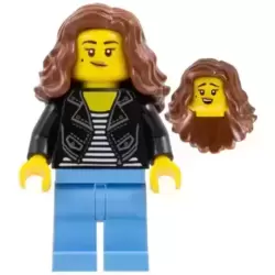 Woman - Black Jacket over Striped Shirt, Medium Blue Legs, Reddish Brown Long Hair