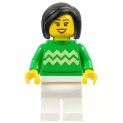 Woman - Bright Green Sweater with Bright Light Yellow Zigzag Lines, White Legs, Black Hair