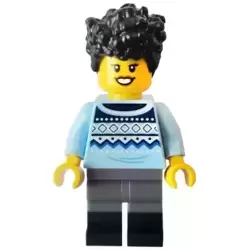 Camper - Female, Bright Light Blue Knit Fair Isle Sweater, Dark Bluish Gray Legs with Black Boots, Black Hair