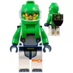 Astronaut - Male, White Spacesuit with Bright Green Arms, Bright Green Helmet, Trans-Clear Visor, Bright Green Harness with Solar Panel, Glasses