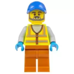 Recycling Worker - Male, Neon Yellow Safety Vest, Dark Orange Legs, Blue Cap