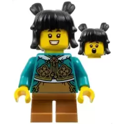 Child - Girl, Dark Turquoise Cheongsam Bolero Shrug, Medium Nougat Short Legs, Black Hair with Buns