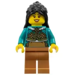 Woman, Black Long Hair, Dark Turquoise Cheongsam Bolero Shrug, Medium Nougat Legs