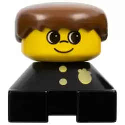 Duplo 2 x 2 x 2 Figure Brick, Black Base with Police Pattern, Yellow Head, Brown Male Hair