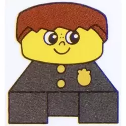 Duplo 2 x 2 x 2 Figure Brick, Black Base with Police Pattern, Yellow Head with Freckles, Brown Male Hair