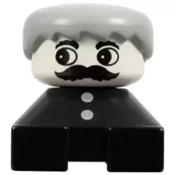 Duplo 2 x 2 x 2 Figure Brick, Black Base with Two Buttons, Gray Hair, White Face with Moustache
