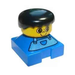 Duplo 2 x 2 x 2 Figure Brick, Blue Base, Striped Overalls, Black Hair, Large Eyes, Freckles on Nose