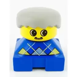 Duplo 2 x 2 x 2 Figure Brick, Blue Base with Yellow Argyle Sweater Pattern, Yellow Head with Moustache, Light Gray Male Hair