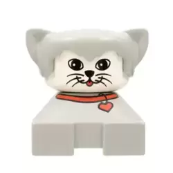 Duplo 2 x 2 x 2 Figure Brick, Cat, Light gray base with red collar, light gray hair, white face