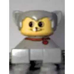 Duplo 2 x 2 x 2 Figure Brick, Cat, Light Gray Base With Red Collar, Light Gray Hair With Ears, Yellow Face with Round Eyes and 2 Whiskers