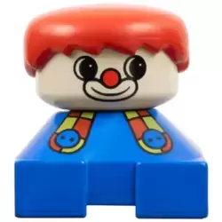 Duplo 2 x 2 x 2 Figure Brick, Clown, Blue Base with Button Suspenders, White Head, Red Male Hair