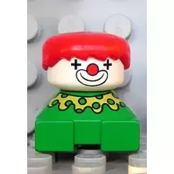 Duplo 2 x 2 x 2 Figure Brick, Clown, Green Base, Yellow Collar with Green Dots, White Head, Red Hair