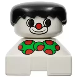 Duplo 2 x 2 x 2 Figure Brick, Clown, White Base, Green Bow with Red Dots, Black Hair, White Face with Red Nose