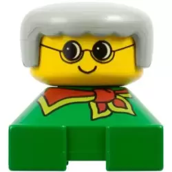 Duplo 2 x 2 x 2 Figure Brick, Grandmother, Green Base, Gray Hair, Yellow Face