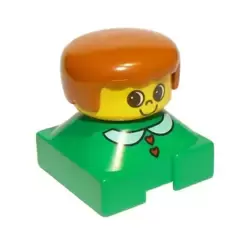Duplo 2 x 2 x 2 Figure Brick, Green Base with White Collar and Red Heart Buttons, Yellow Head, Dark Orange Female Hair