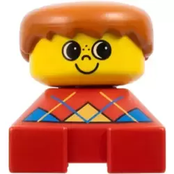 Duplo 2 x 2 x 2 Figure Brick, Red Base with Blue Argyle Sweater Pattern, Yellow Head with Freckles on Nose, Dark Orange Male Hair