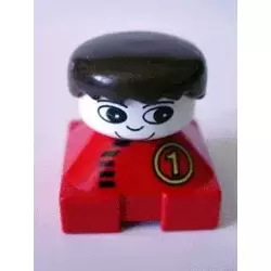 Duplo 2 x 2 x 2 Figure Brick, Red Base with Number 1 Race Pattern, White Head, Black Male Hair