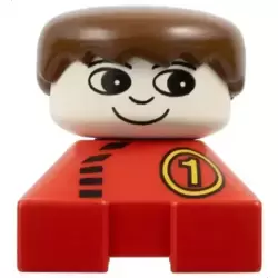 Duplo 2 x 2 x 2 Figure Brick, Red Base with Number 1 Race Pattern, White Head, Brown Male Hair