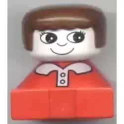 Duplo 2 x 2 x 2 Figure Brick, Red Base with White Collar and Pink Buttons, White Head with Eyelashes, Brown Female Hair