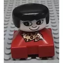 Duplo 2 x 2 x 2 Figure Brick, Red Base With Yellow and Red Polka Dot Scarf, White Face with Eyelashes, Black Female Hair